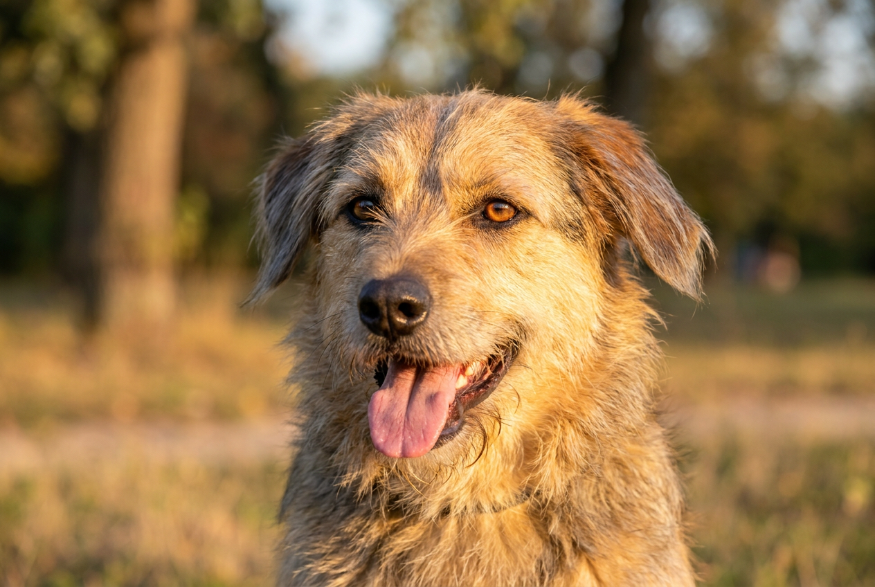 Happy mixed-breed dog after successful dog training
